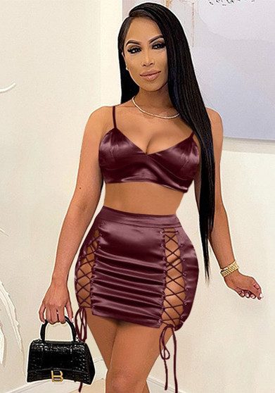 Women's Stretch Satin Spring Summer Solid Color Lace-Up Sexy Two-Piece Skirt Set