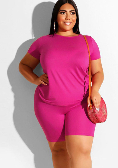 Plus Size Women's Casual Solid Round Neck Short Sleeve T-Shirt Shorts Two Piece Set