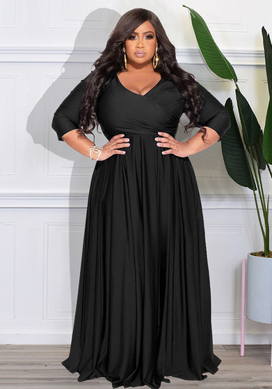 Plus Size Women's Solid Color V-Neck Sexy Long Dress