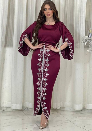Women Arabian Dubai Robe With Diamonds Satin Gown