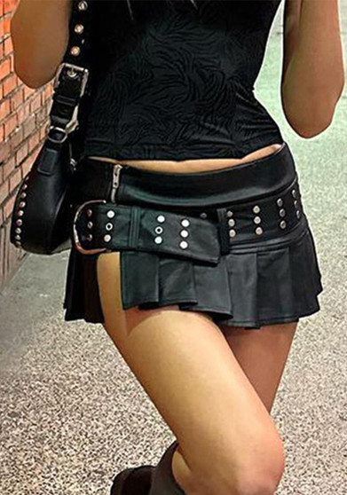 Punk rivet belt slit leather skirt fashion street sexy low waist a-line pleated skirt