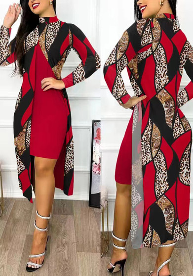 Ladies Fashion Chic Slit Print 2-Piece Dress Set