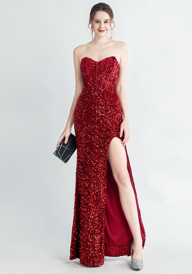 Sexy Sequins Side Slit Strapless Elegant Herringbone Evening Gown