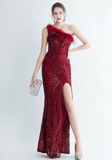 Women Ostrich Feather Sequined Slash Shoulder Evening Dress