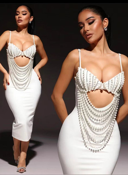 Gorgeous Beaded Sexy Cutout Strap Elegant Chic White Bandage Evening Gown