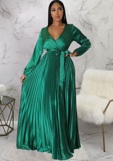 Women Autumn V-Neck Balloon Sleeve Pleated Dress