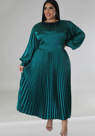 Plus Size Women Pleated Round Neck Long Sleeve Dress