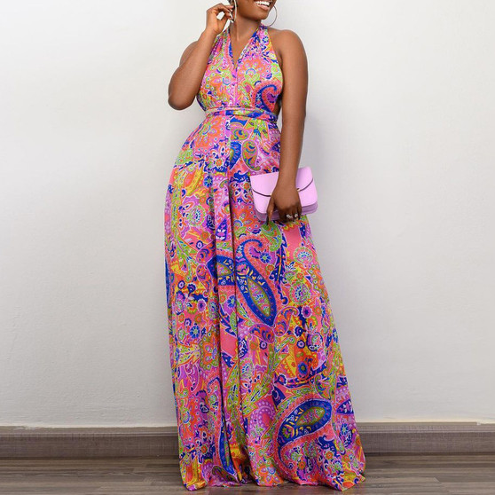 Plus Size Women African Print Halter Neck Beach Jumpsuit