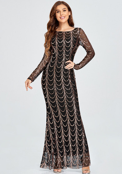 Spring Summer Fit Formal Party Mermaid Dress Elegant Party Sequin Long Sleeve Round Neck Evening Dress