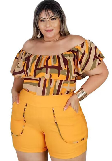 Summer Contrast Geometric Print Plus Size Women's Casual Off Shoulder Two-Piece shorts set