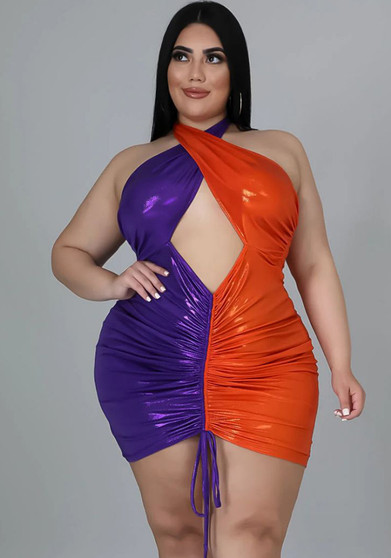 Plus Size Women Sexy Drawstring Pleated Halter Neck Cutout Backless Bodycon Dress