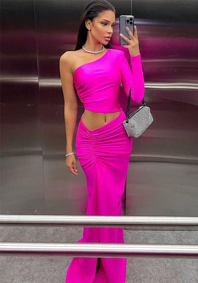 Women's Strapless One Shoulder Long Sleeve Hollow High Waist Slit Solid Color Sexy Bodycon Dress