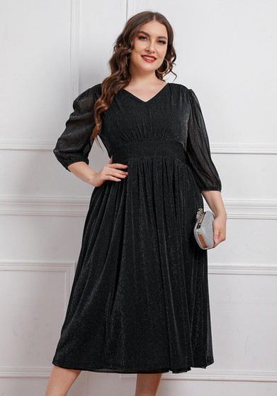 Plus Size Women V-Neck 3/4 Sleeve Midi Dress