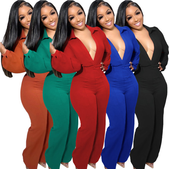 Women's Jumpsuit Sexy V-Neck Long Sleeve Tight Fitting Shirt Pants Fall Winter