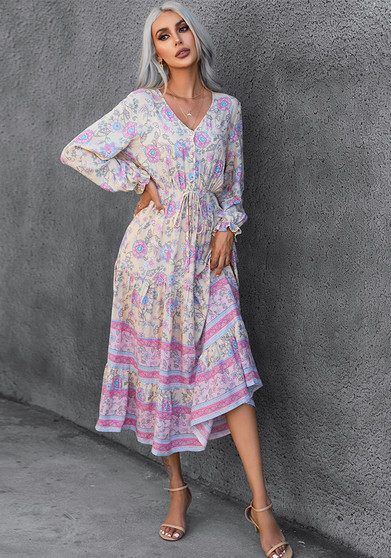 Fall Winter Bohemian Casual Holidays Long Sleeve Positioning Print Swing Dress