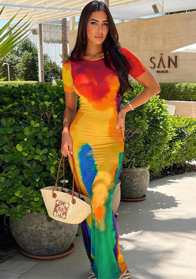 Women Sexy Elegant Round Neck Rainbow Dress