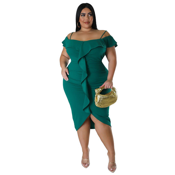 CLEARANCE -  XL - Plus Size Women Solid Off Shoulder Midi Dress