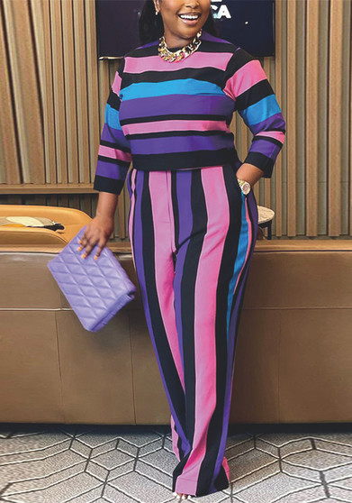 Plus Size Women's Fall Round Neck Long Sleeve Stripe Two Piece Pants Set