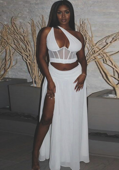 Sexy Solid See-Through One Shoulder Two Piece Skirt Set