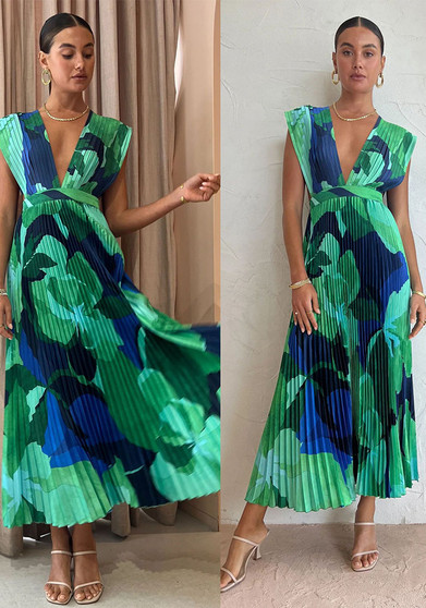 Women Casual Holidays Pleated Sleeveless Printed Dress