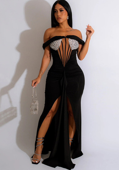 Women Off Shoulder Sequin Slit Dress