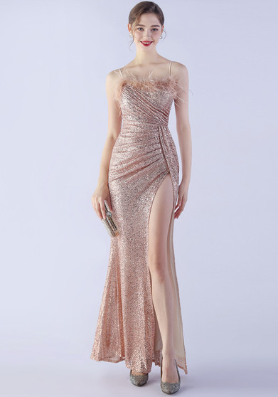 Sexy Feather Sequins Straps Side Slit Evening Dress