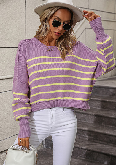 Women Round Neck Oversized Striped Sweater