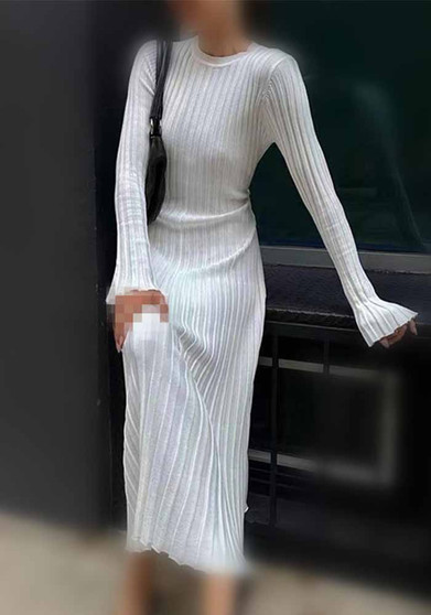 Autumn And Winter Knitting Dress Casual Slim Waist Round Neck Ribbed Slim Fit Knitting Long Dress For Women