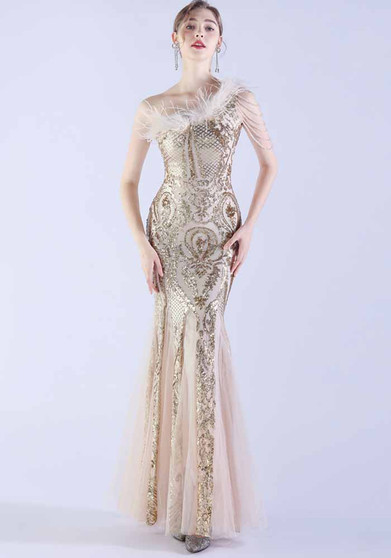 Elegant Beading And Feathers High-End Sequined Evening Dress