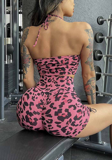 Leopard Print Fitness Shorts For Women Summer Drawstring Elastic Butt Lift High Waist Quick Drying Sports Yoga Shorts