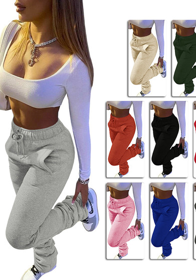 Women Fleece Sports Casual Drawstring Pockets Stacked Pant