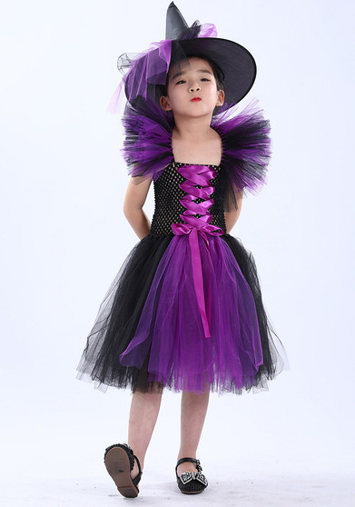 Halloween girls' mesh puffy dress with matching hat, children's witch performance costume