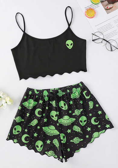 Alien Print Camisole Top Shorts Lounge Wear Pajama Set