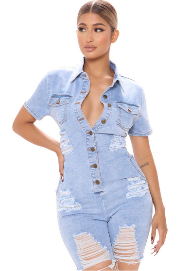 Women Casual Ripped Denim Rompers