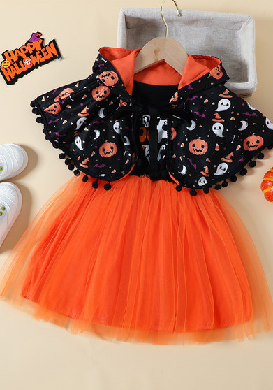 Halloween Day Spring And Autumn Girls Party Dress Children's Cape Two-Piece Set