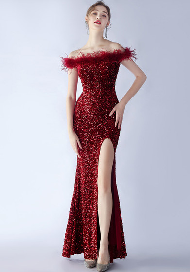 Women Sequined Ostrich Feather Off Shoulder Evening Gown