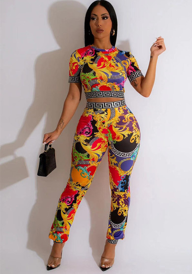 Spring Summer Fashion Print Short Sleeve Two-Piece Pants Set