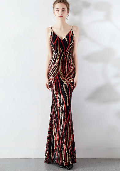 High end sequin stripe color slim fitting dinner party annual meeting suspender long dress