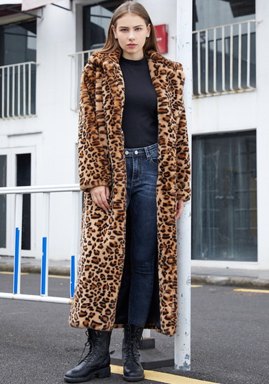 Women Leopard Turndown Collar Furry Long Coat