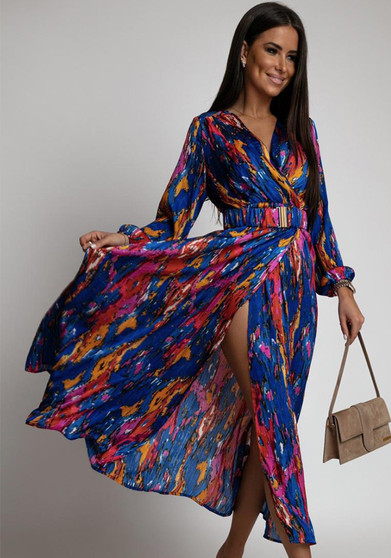 Fashion Print V-Neck Long Sleeve Belt Dress