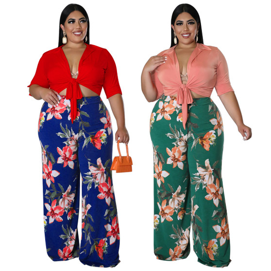 Women'S Plus Size Solid Color Tie Top Floral Print Loose Pants Two Piece Set