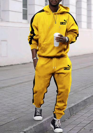 Men's Casual Velvet Colorblock Hoodies and Pant Two-piece Set