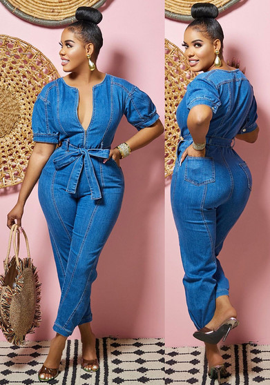 Women Washed Blue Chic Denim Jumpsuit