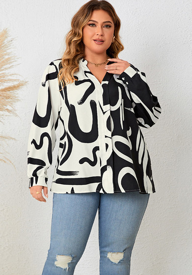 Plus Size Women's Loose Casual V-Neck Top Fashion Lantern Sleeve Printed Shirt