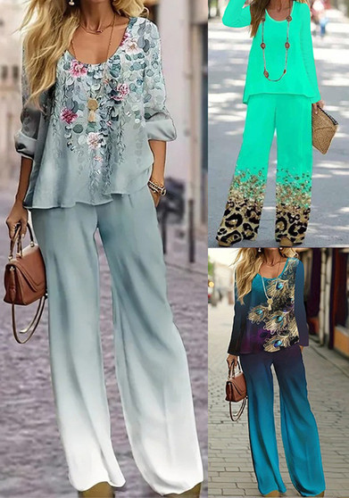 Spring And Autumn Plus Size Women's Fashion Chic Printed Round Neck Top Trousers Two-Piece Set