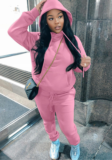 Women'S Fashion Casual Solid Color Fleece Hoodies Two Piece Tracksuit