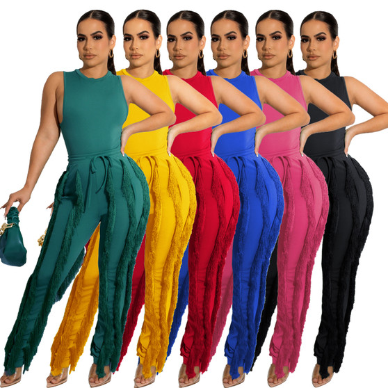 Women's Two Piece Tassel Pants Sleeveless Casual Two Piece Set