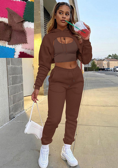 Fashionable Women's Clothing Fleece Drawstring Hoodie Vest And Jogging Pants Three-Piece Outfit