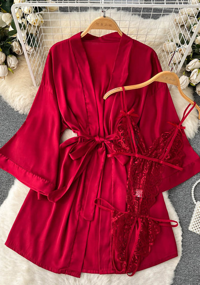 Women lace suspenders high-cut Bodysuit and Bat Sleeves cardigan dress two-piece set