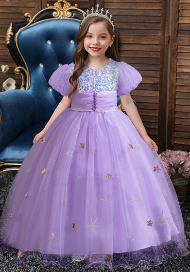 Girls' Sequin Puff Sleeve Princess Dress Solid Mesh Dress Festival Dress